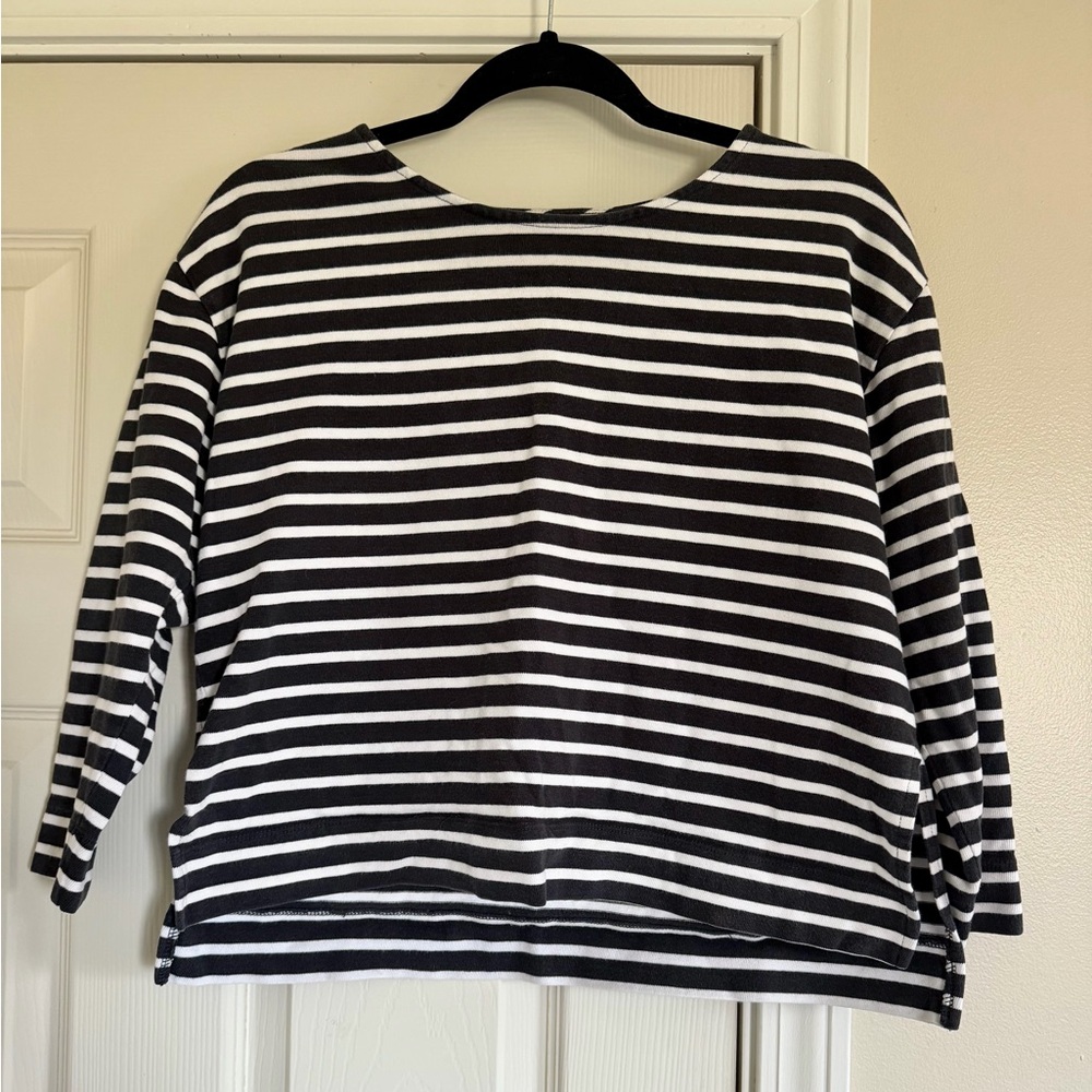 Everlane Black & White Striped 3/4 Sleeve Top